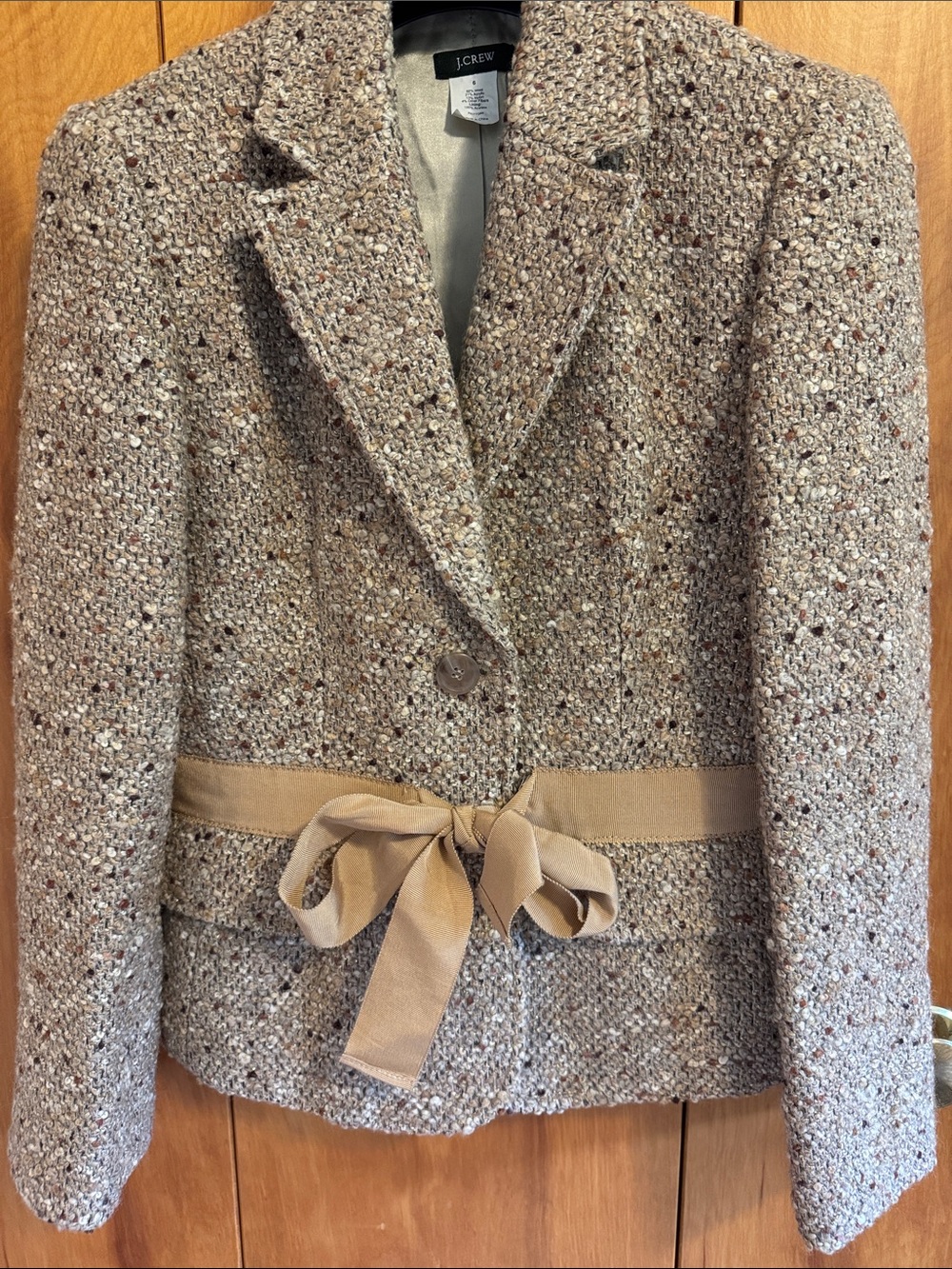 J. Crew Neutral Speckled Tweed Belted Blazer